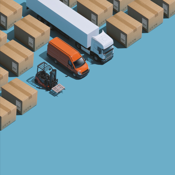 image Furgone arancione e camion per spedizioni tra scatole di cartone con carrello elevatore in magazzino logistico